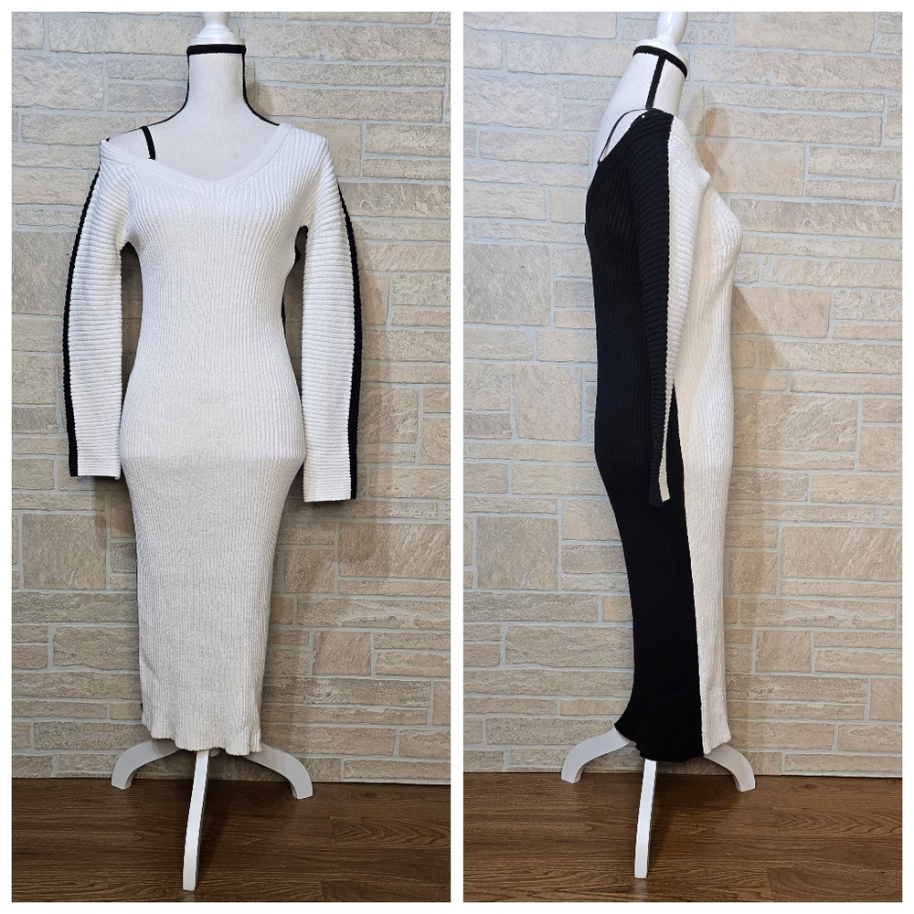 RAG & BONE OFF ONE SHOULDER RIBBED V-NECK SWEATER DRESS MIDI